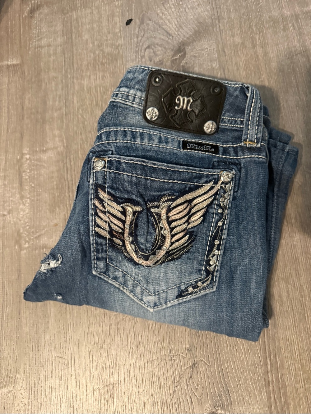 Miss Me Medium Blue Bootcut Jeans with Embroidered Wing Pocket